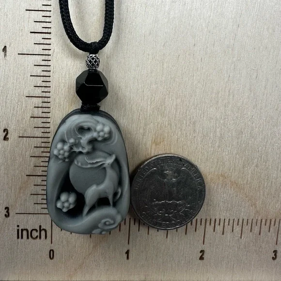 Tai Chi Stone Deer Pendant Necklace on Black Adjustable Rope - Picture 3 of 11